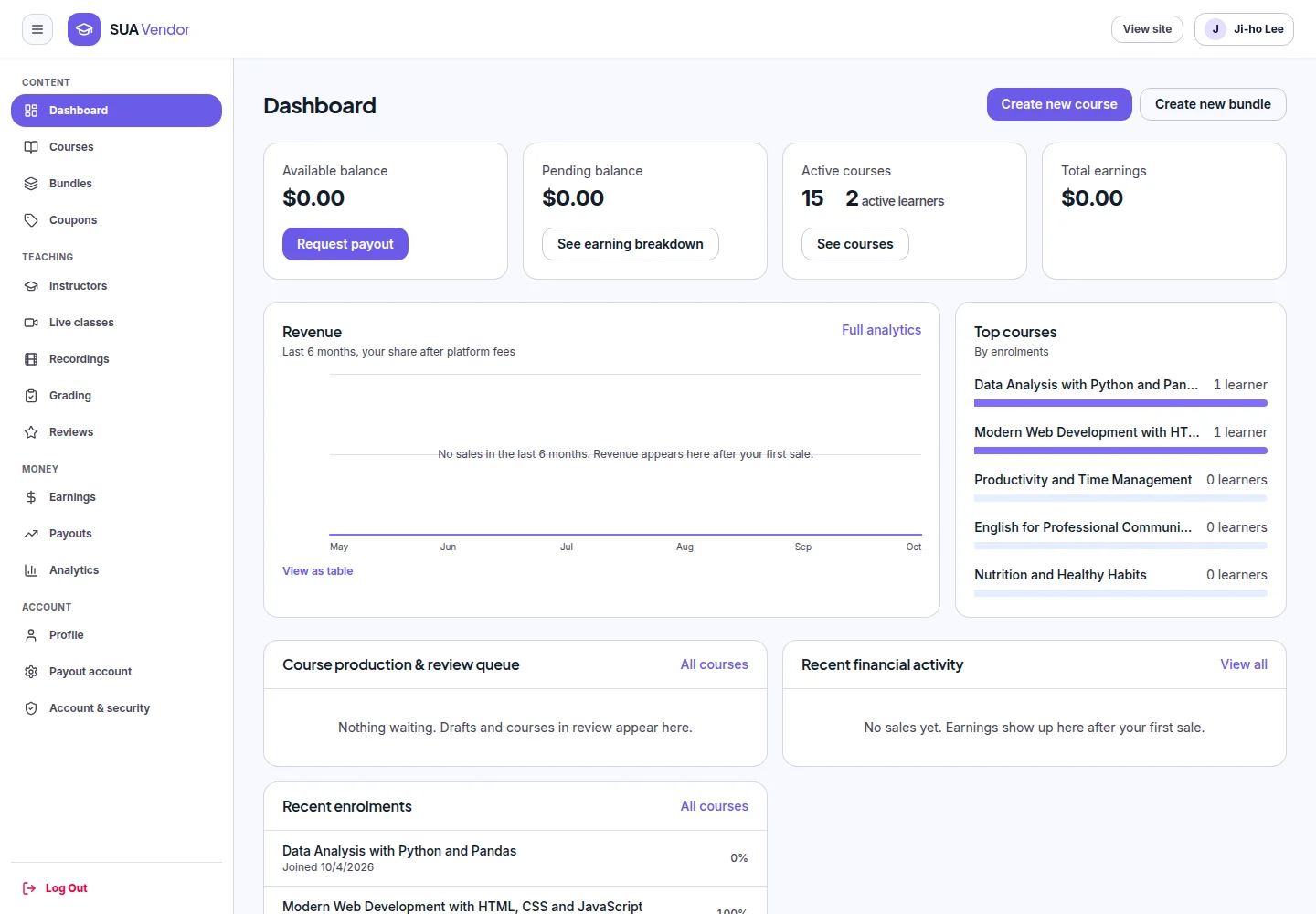 Vendor Analytics & Instructor Dashboard